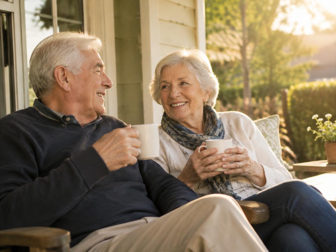 Smiling senior couple relaxing on their porch